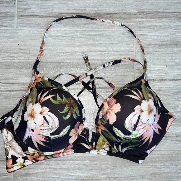 Floral bikini ruched butt bottoms XL, V front racerback tie back for top 36D - Picture 3 of 11